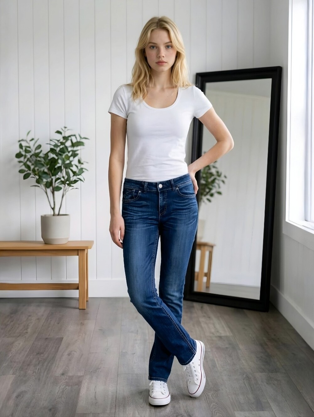 C‑SEVENTEEN ✦ Embroidered Straight‑Leg Jeans ✦ Blue Wash Low‑Rise Stretch Denim - Picture 7 of 14